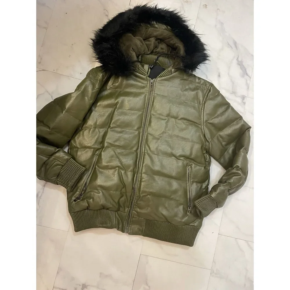 Men's Olive Green Jacket Robert Phillipe Jacket‎ Removeable Fur Hood